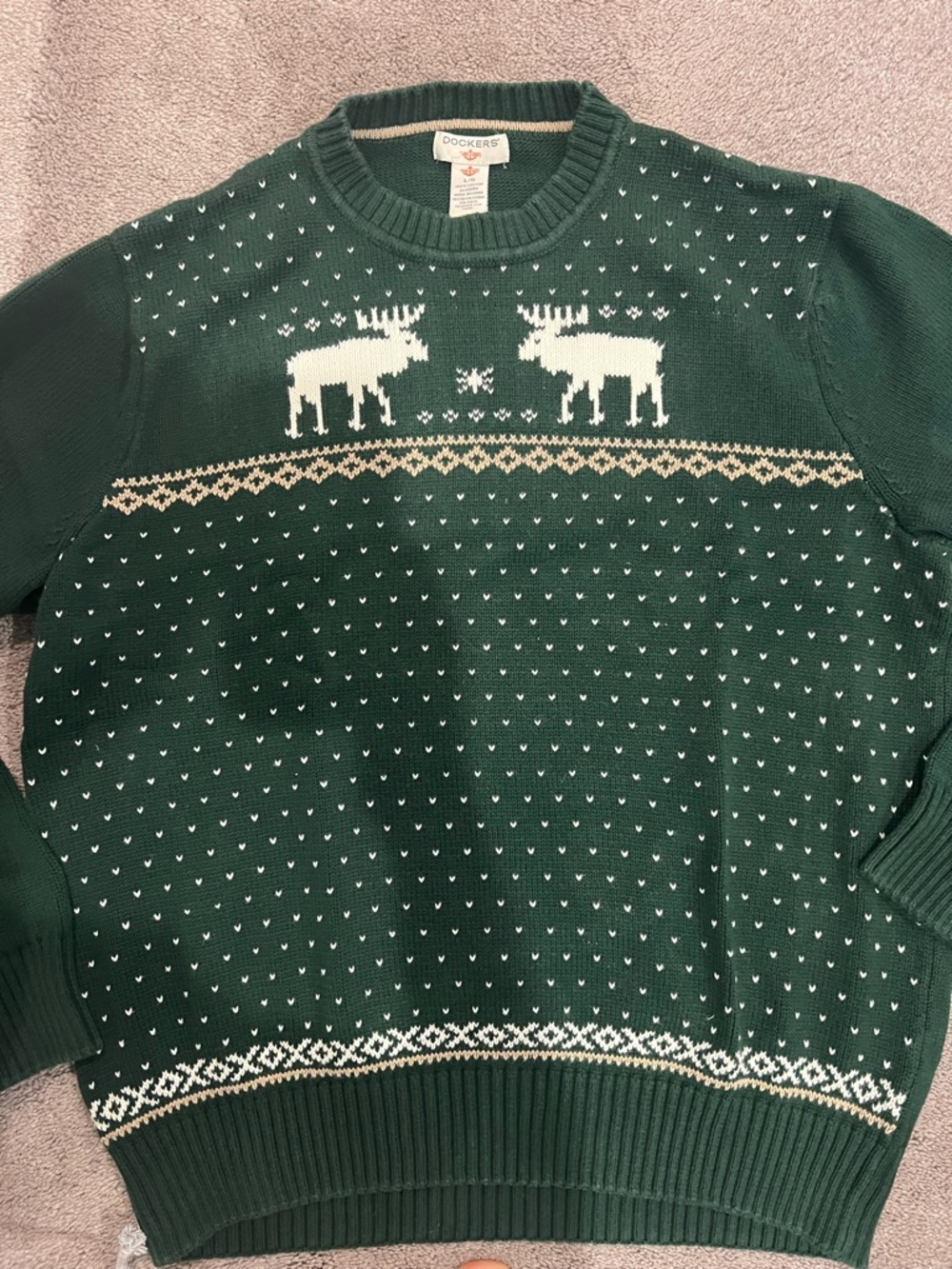 Dockers Dark Green Fair Isle Moose Crewneck Sweater